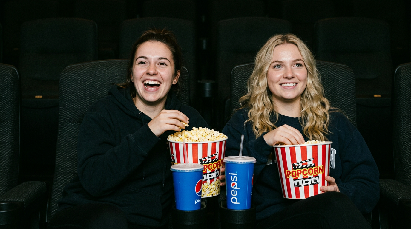 Two friends laughing together with popcorn and drinks at the movies