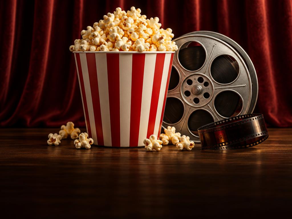 Popcorn and a film reel in front of red cinema curtains