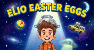 Cartoon-style thumbnail for Elio featuring a boy with a spaghetti strainer helmet, Pixar ball, Pizza Planet truck, and UFO in a galaxy background with the title "Elio Easter Eggs"