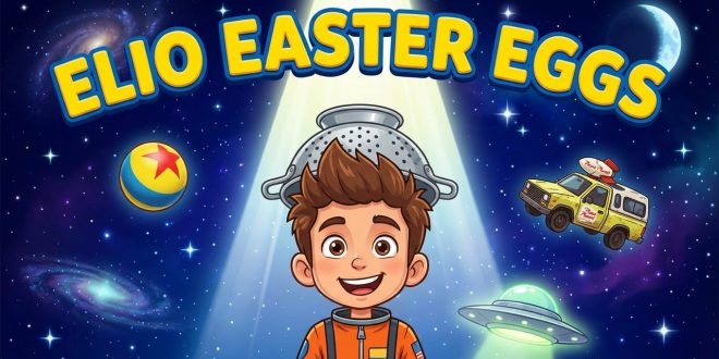 Cartoon-style thumbnail for Elio featuring a boy with a spaghetti strainer helmet, Pixar ball, Pizza Planet truck, and UFO in a galaxy background with the title "Elio Easter Eggs"