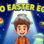 Cartoon-style thumbnail for Elio featuring a boy with a spaghetti strainer helmet, Pixar ball, Pizza Planet truck, and UFO in a galaxy background with the title "Elio Easter Eggs"